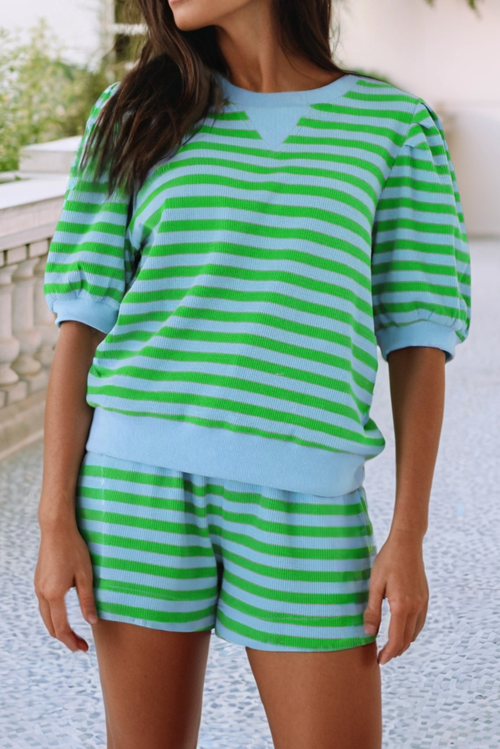Little Daisy Closet - LDC Stripe Spring Puff Sleeve Shirt Matching Shorts Set|S-4X