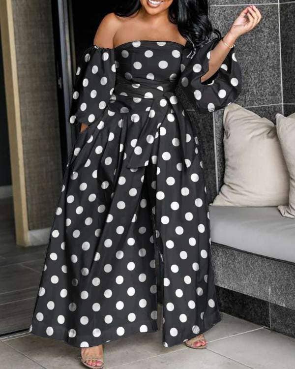 Queen Fashion - Off shoulder lantern sleeve wide leg jumpsuit