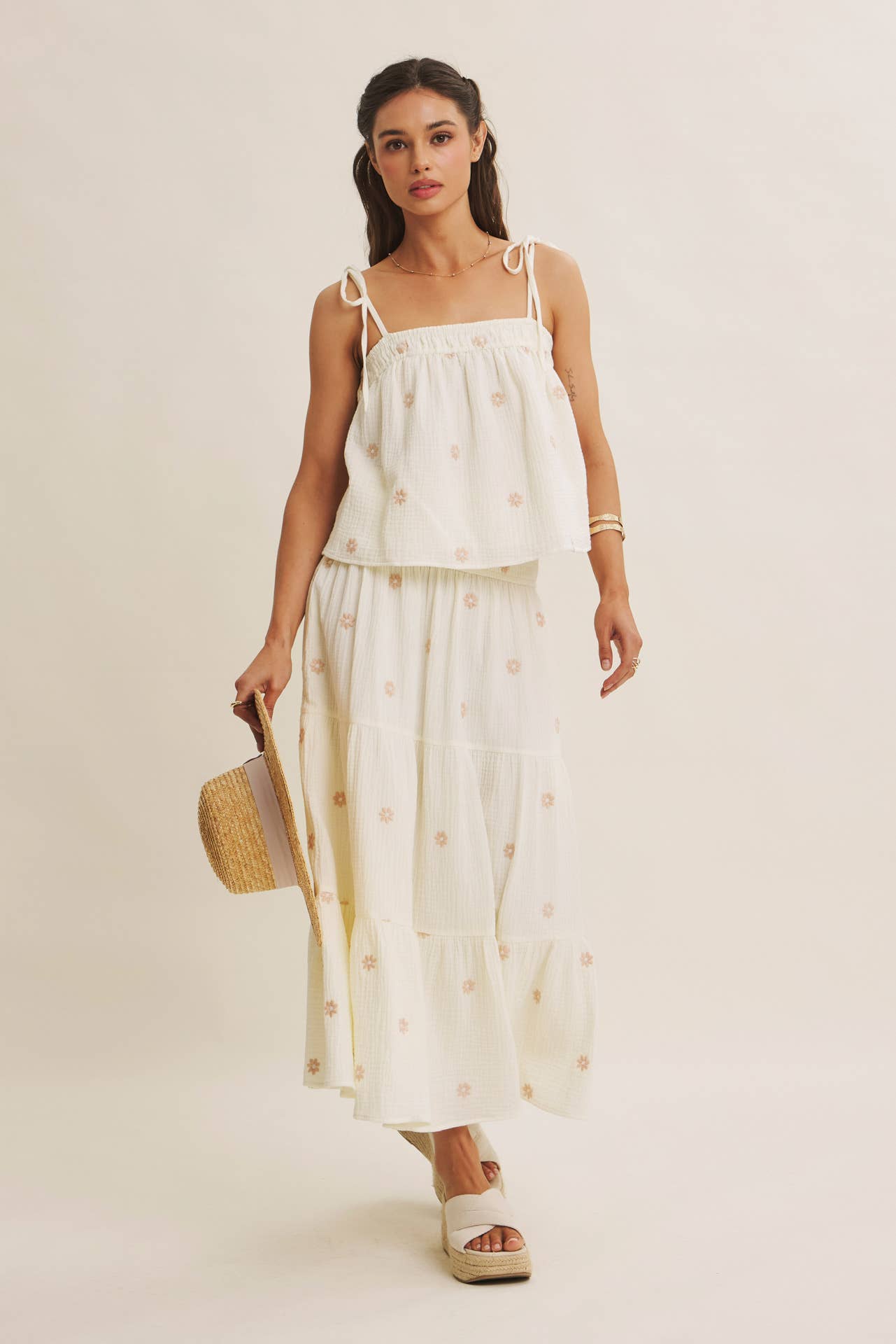 in february - SUNSET FIELD EMBROIDERED COTTON GAUZE TANK WITH TIE STRAPS