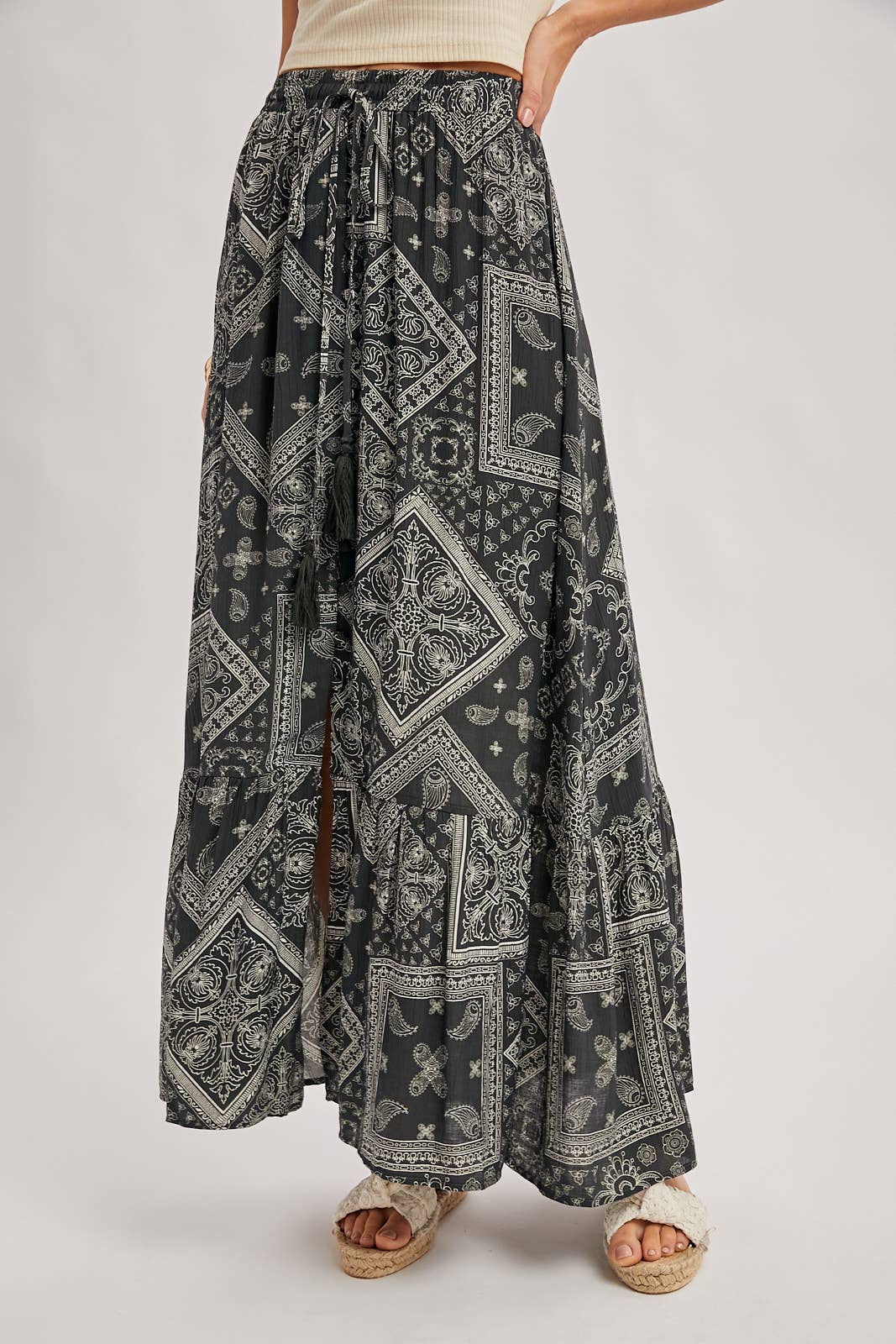 Bluivy - BOHO PRINT TIERED BUTTON DOWN FRONT MAXI SKIRT