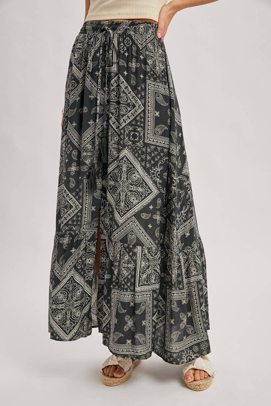 Bluivy - BOHO PRINT TIERED BUTTON DOWN FRONT MAXI SKIRT