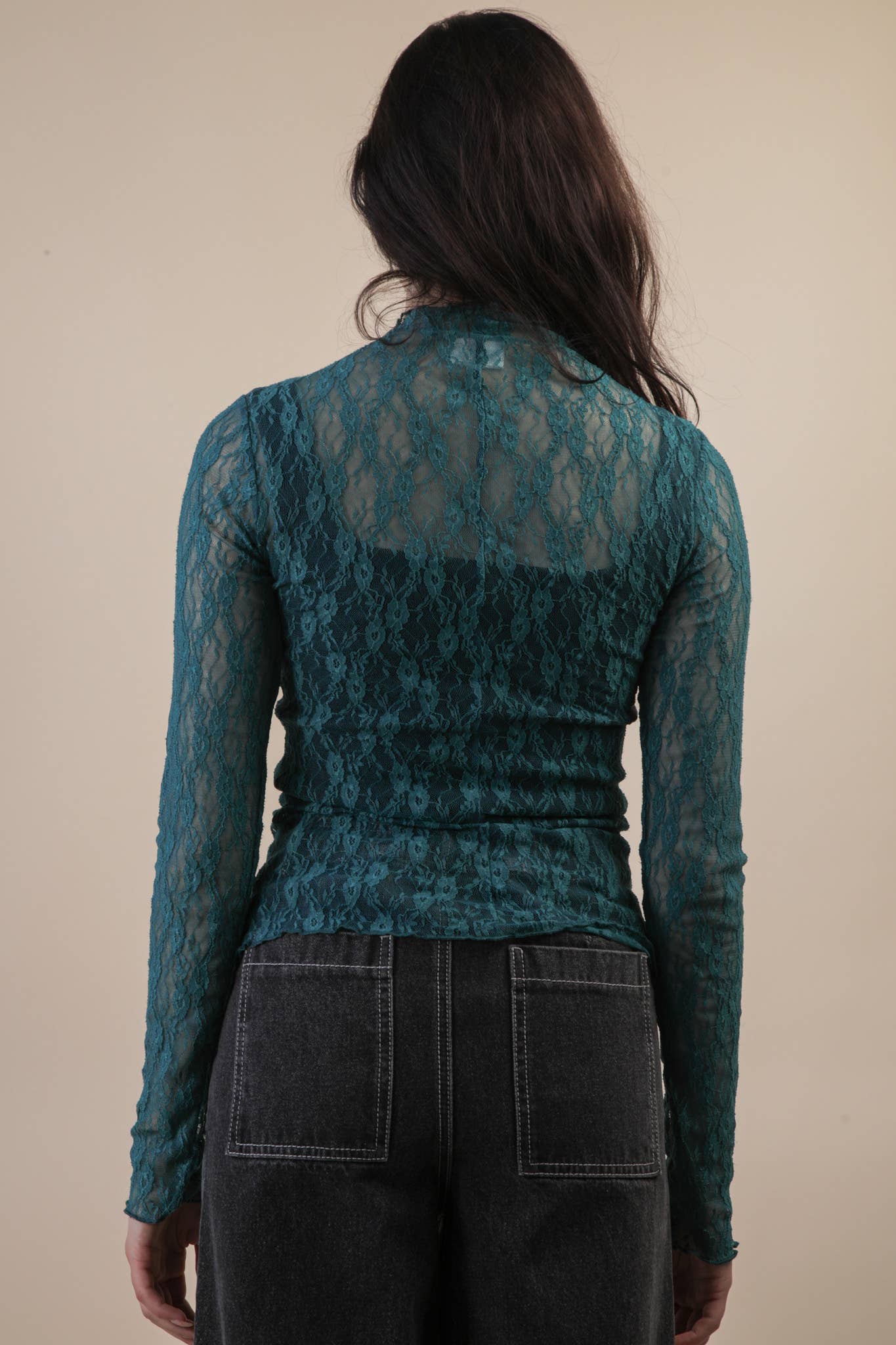 VERY J - NT12220-High Neck Fitted Sheer Mesh Lace Knit Top