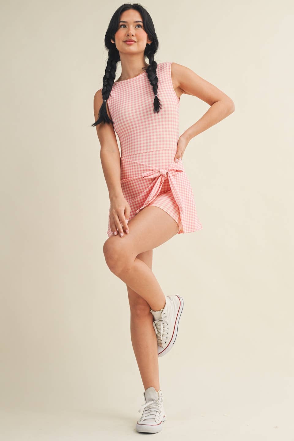 KIMBERLY C - Gingham Print Sleeveless Wrap Tie Front Dress : Black Gingham / S