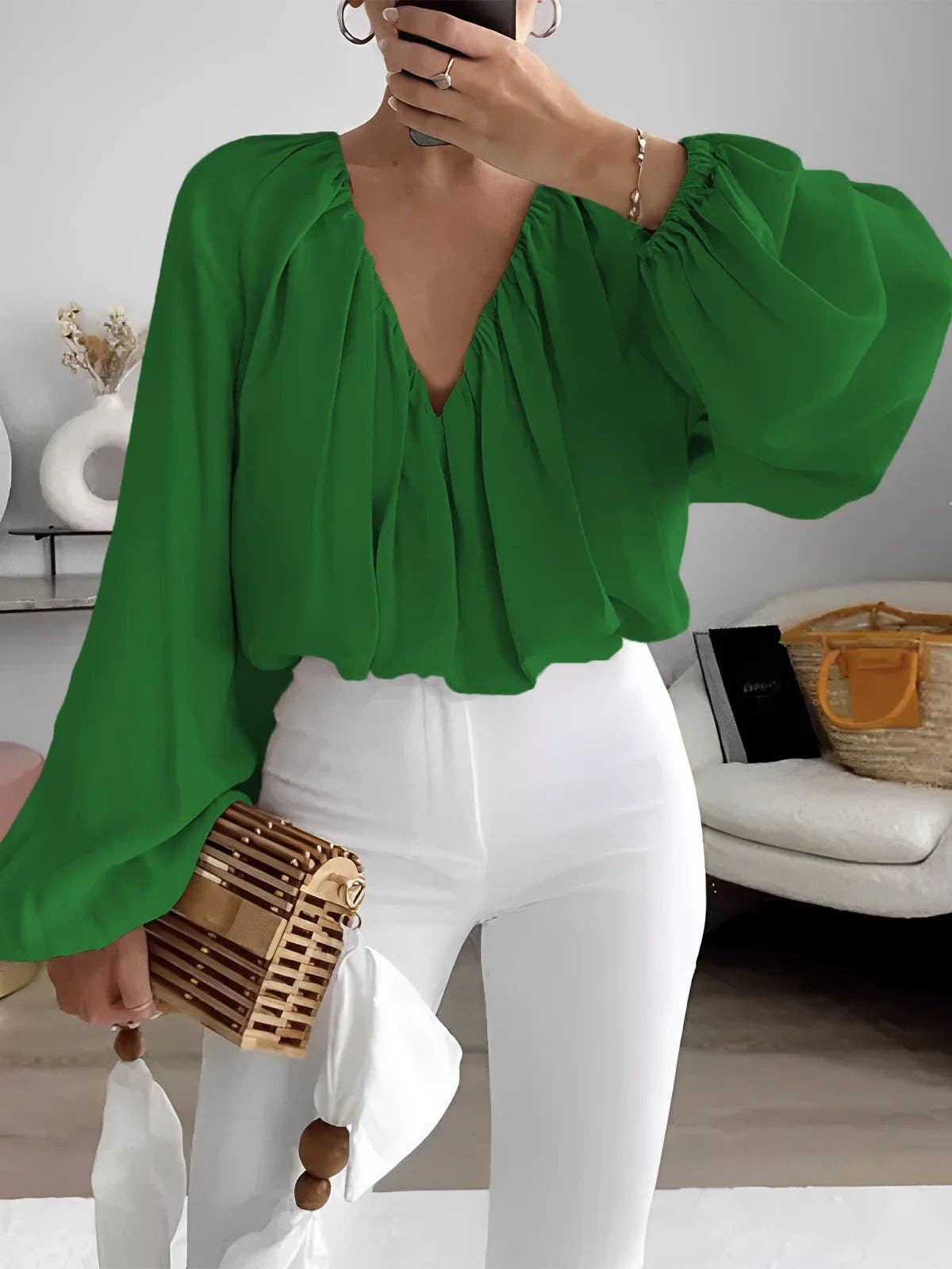 Printed V-Neck Long Sleeve Shirt Elegant Women's Loose Solid: Yellow / XL