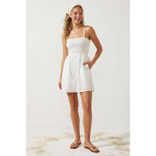 White Pom Pom Smocking Romper