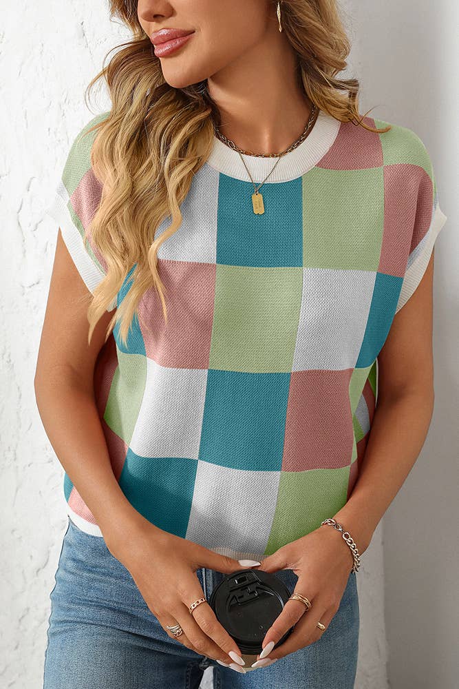 UNISHE - Cropped Color Block Crewneck Knit Checkerboard Sweater MD167