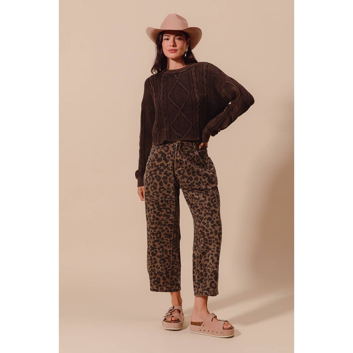 TWO TONED LEOPARD PRINT TWILL MID RISE WIDE PANTS