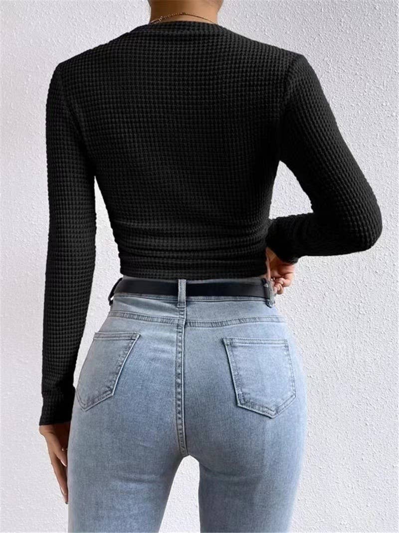 HIDDENBRAND - Plain Waffle Fitted long Sleeve Top