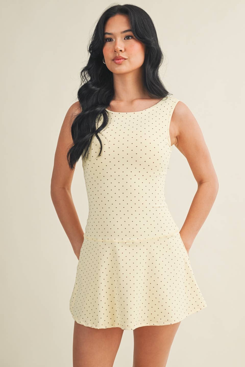 KIMBERLY C - Polka Dot Print A-Line Mini Dress with Drop Waist