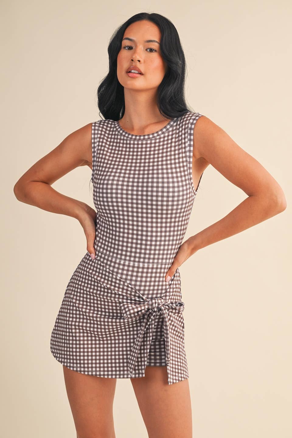 KIMBERLY C - Gingham Print Sleeveless Wrap Tie Front Dress