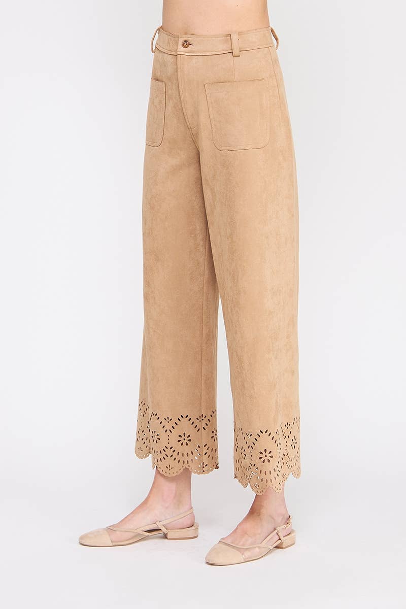 Camel Suede Wide Leg Scallop Pants