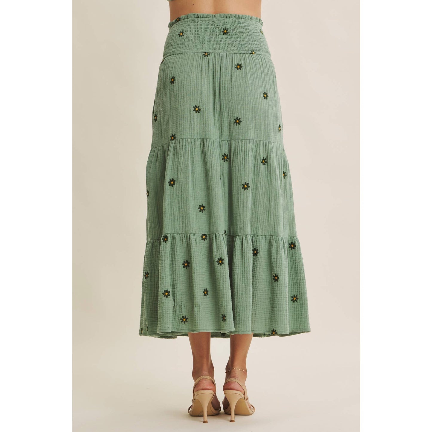 in february - SUNSET FIELD EMBROIDERED COTTON GAUZE SMOCKED MIDI SKIRTS