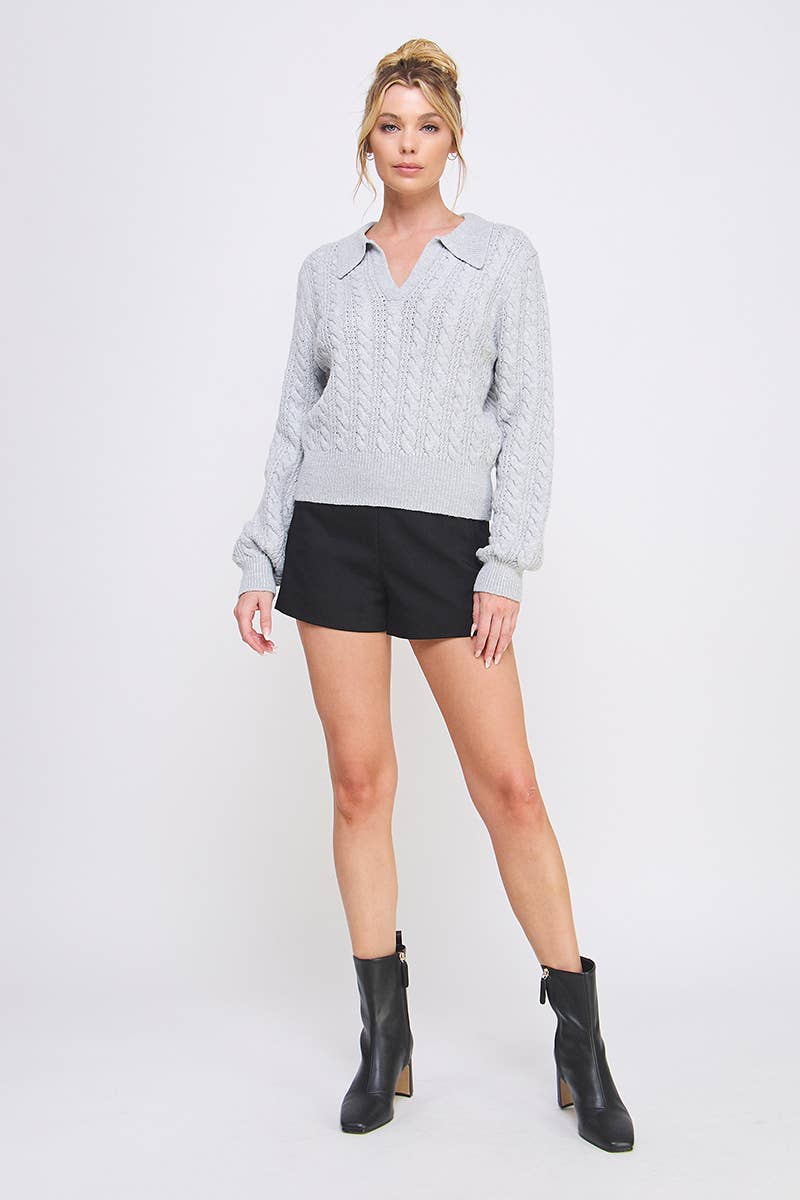 Grey Cable Knit Johnny Collar Pullover