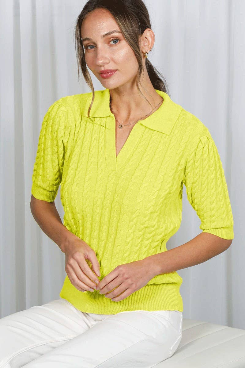 Vine & Love - Collared Split Neck Cable Detail Knitted Sweater VT82673