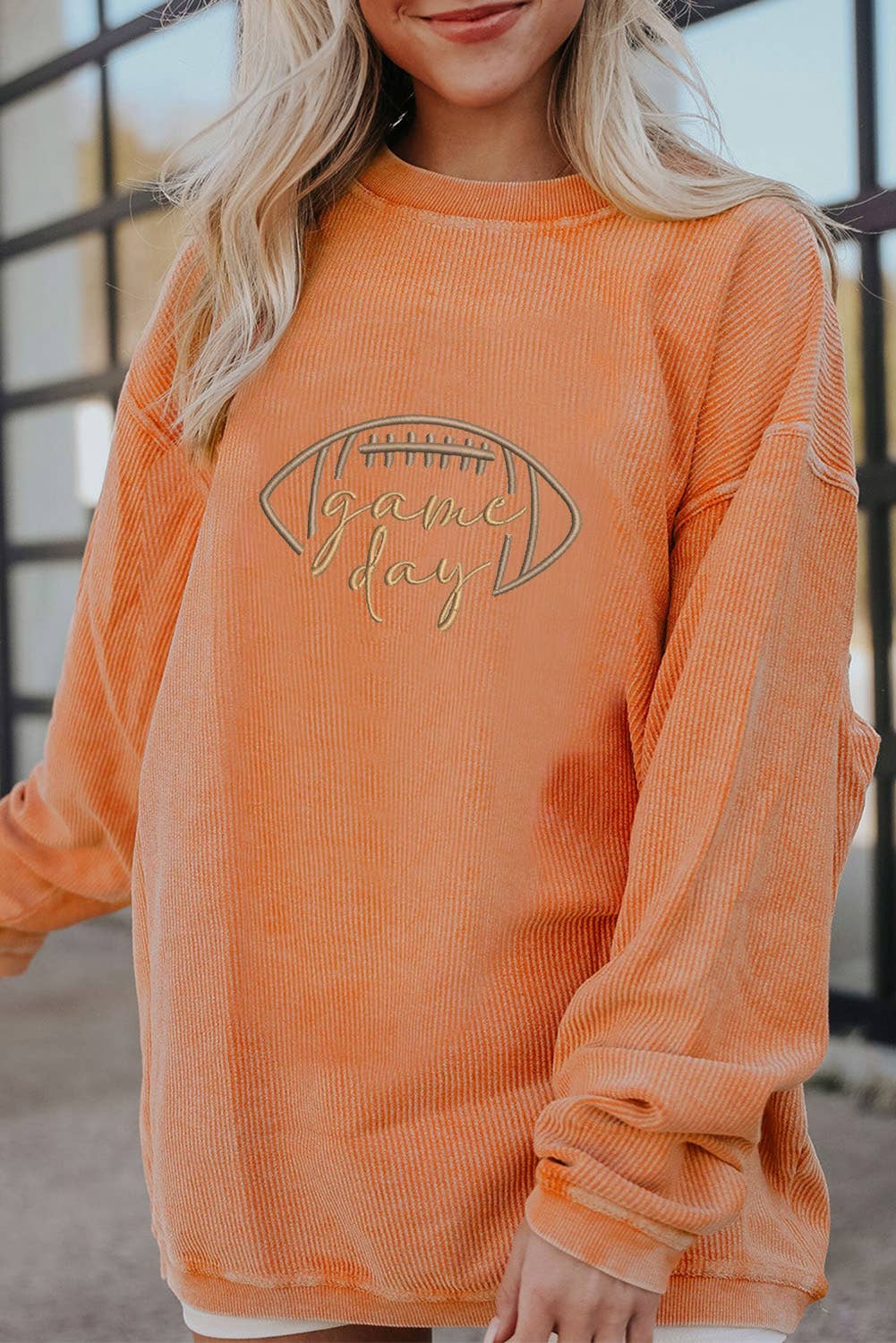 Lovesoft - Apricot Rugby Game Day Embroidered Corduroy Sweatshirt