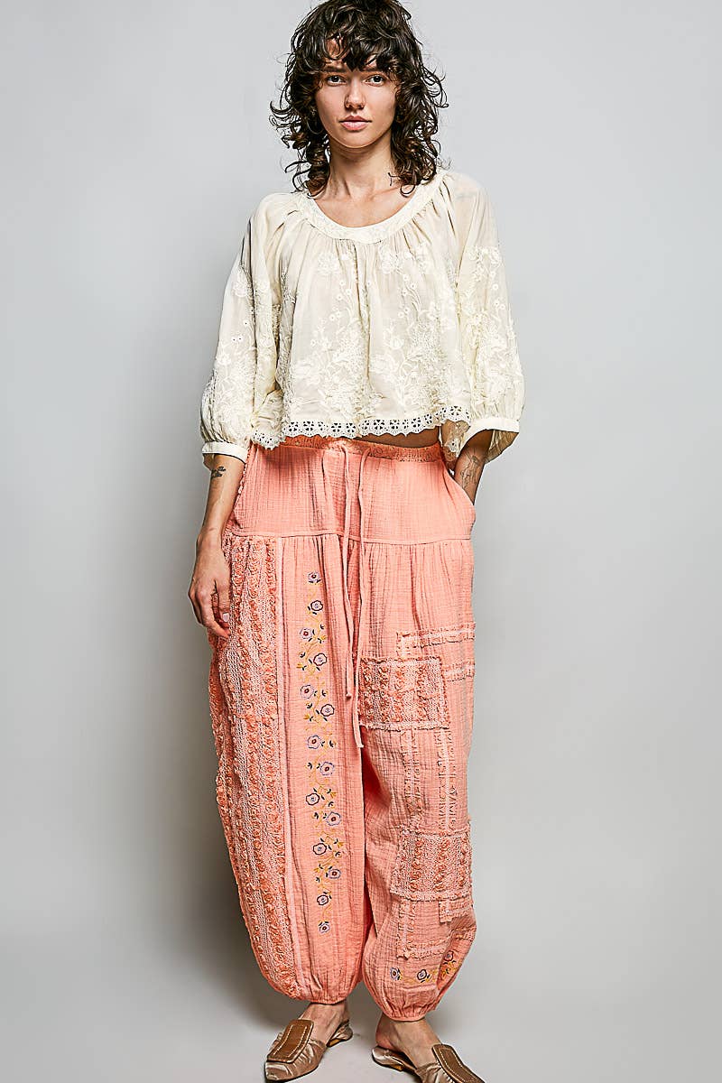 Floral Embroidered Lace Hem Boho Blouse
