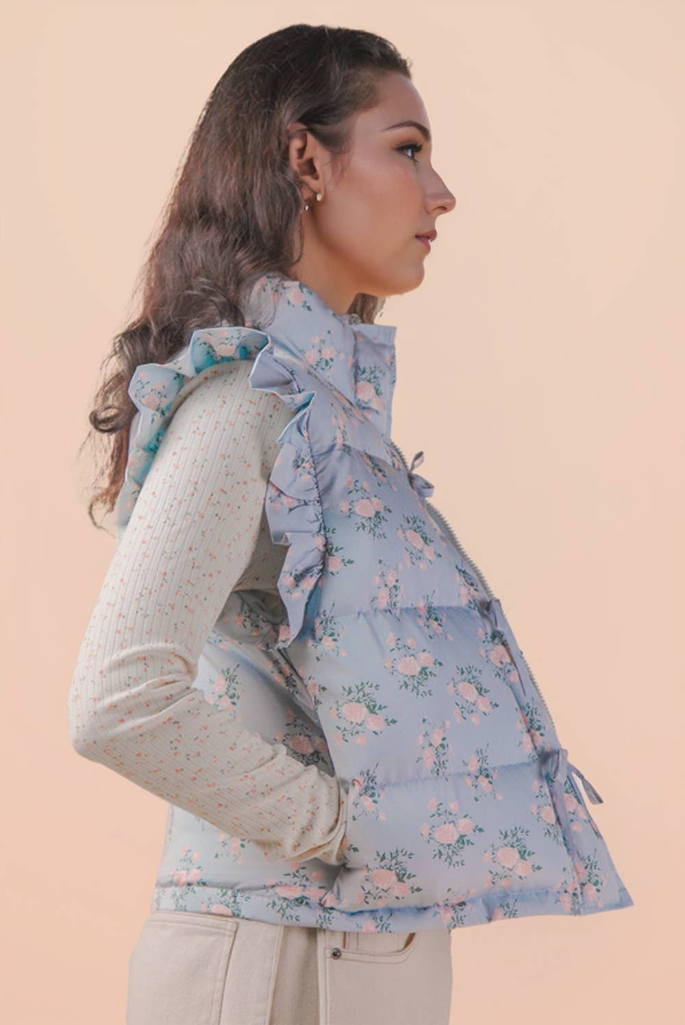 VERY J - NJ90385-Front Bow Ruffle Sleeve Puffer Vest