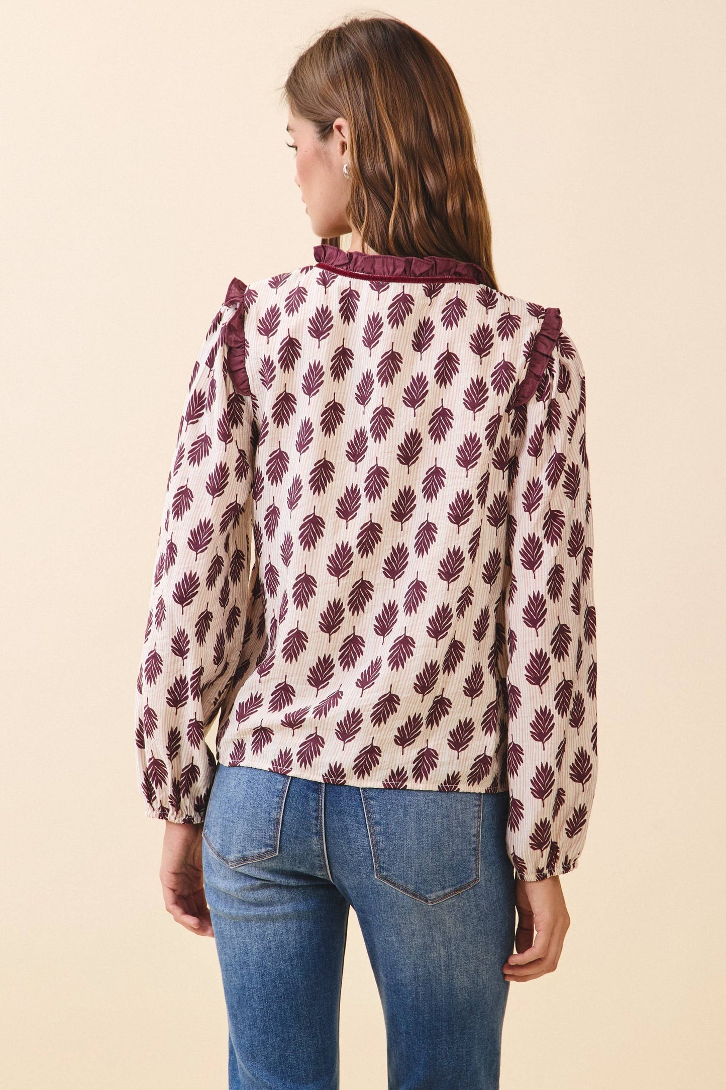 TCEC - CT9675-Leaf Print Ruffled Collar Front Tie Detail Blouse