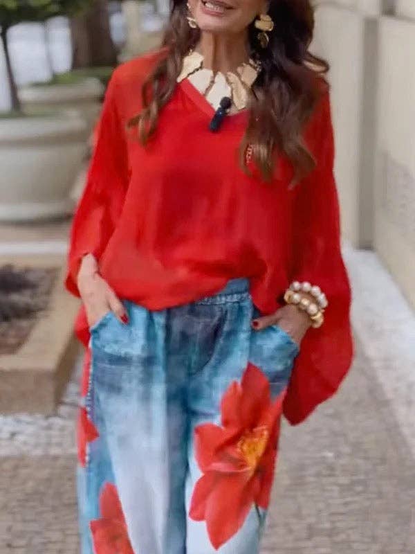 Loose Wide Leg Flower Print Jean Pants Bottoms Trousers: RED / XL