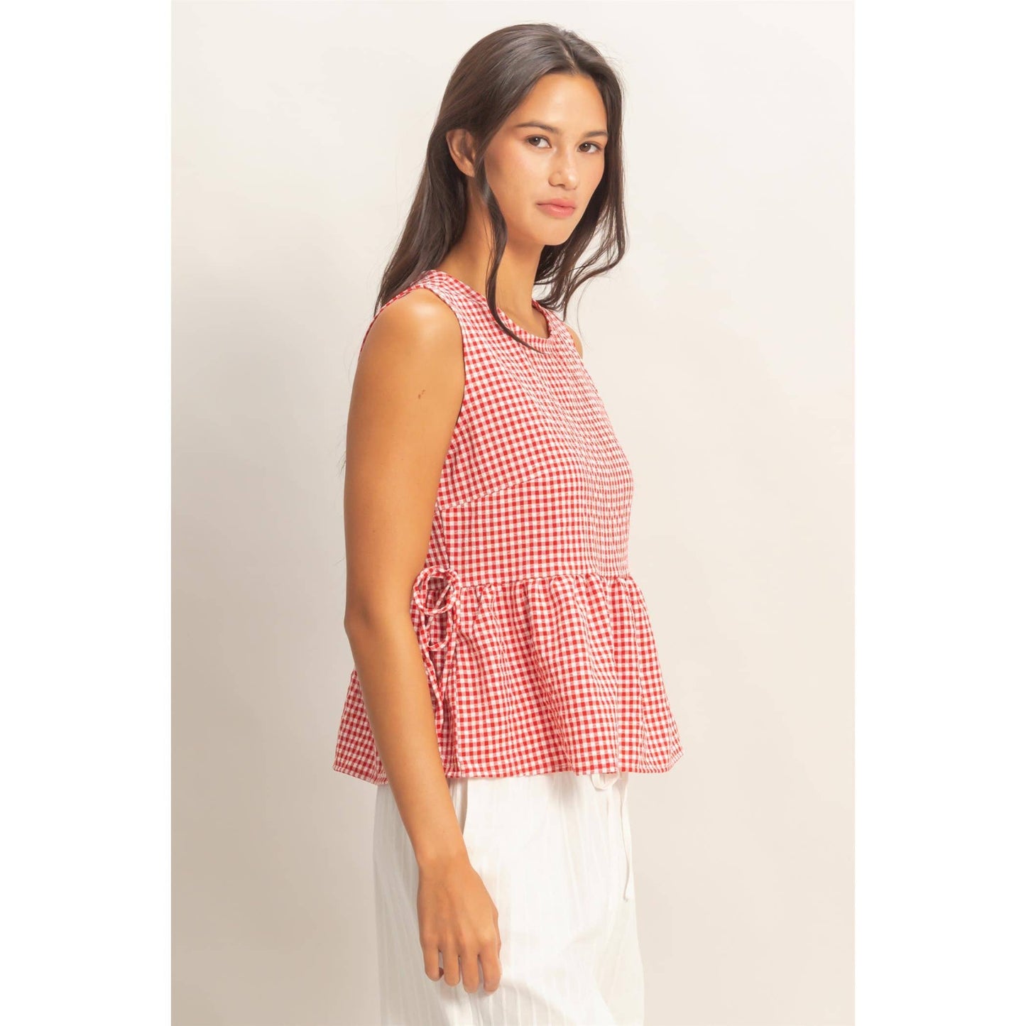 HYFVE - Gingham Sleeveless Peplum Top With Side Ties