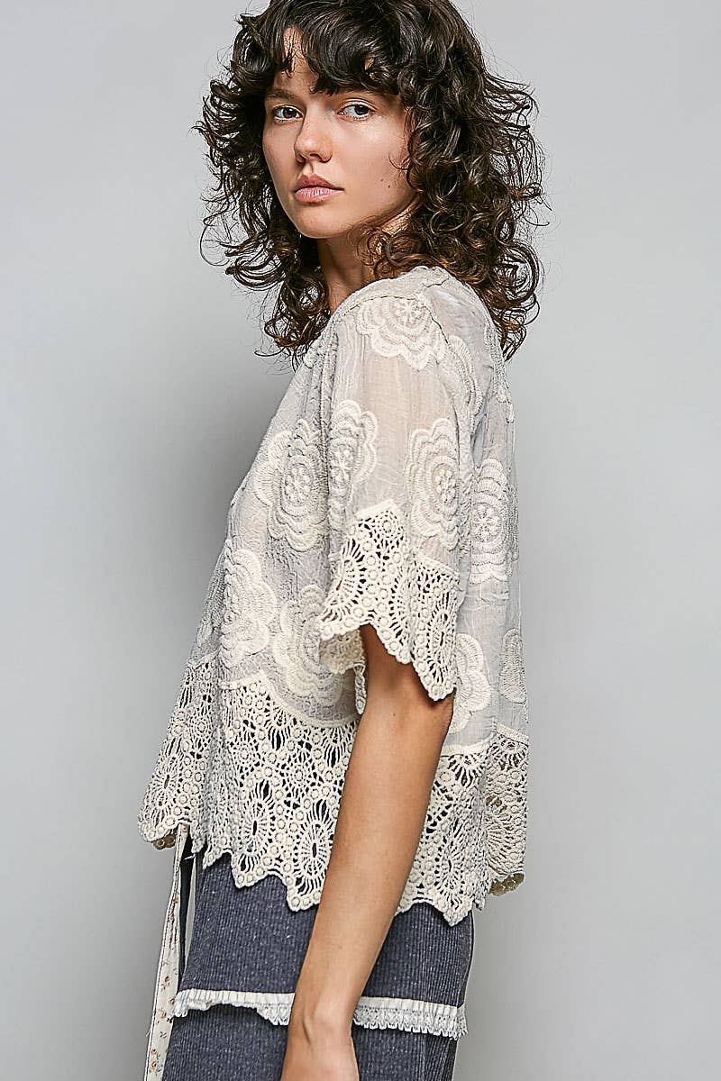 Pol Clothing - Crochet Trim Neckline Short Sleeve Jacket Top