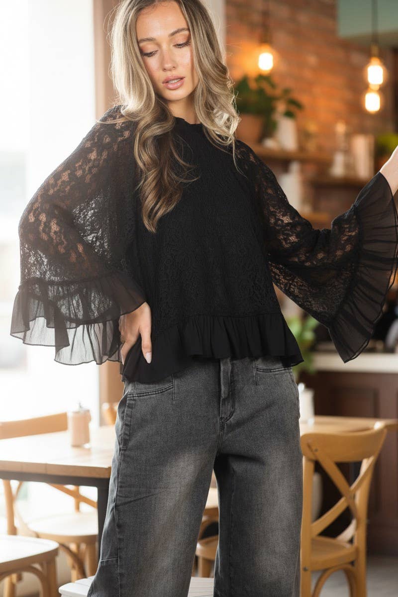 Vine & Love - Ruffle Neck & Hem Bell Sleeve Loose Lace Blouse Top VT83170