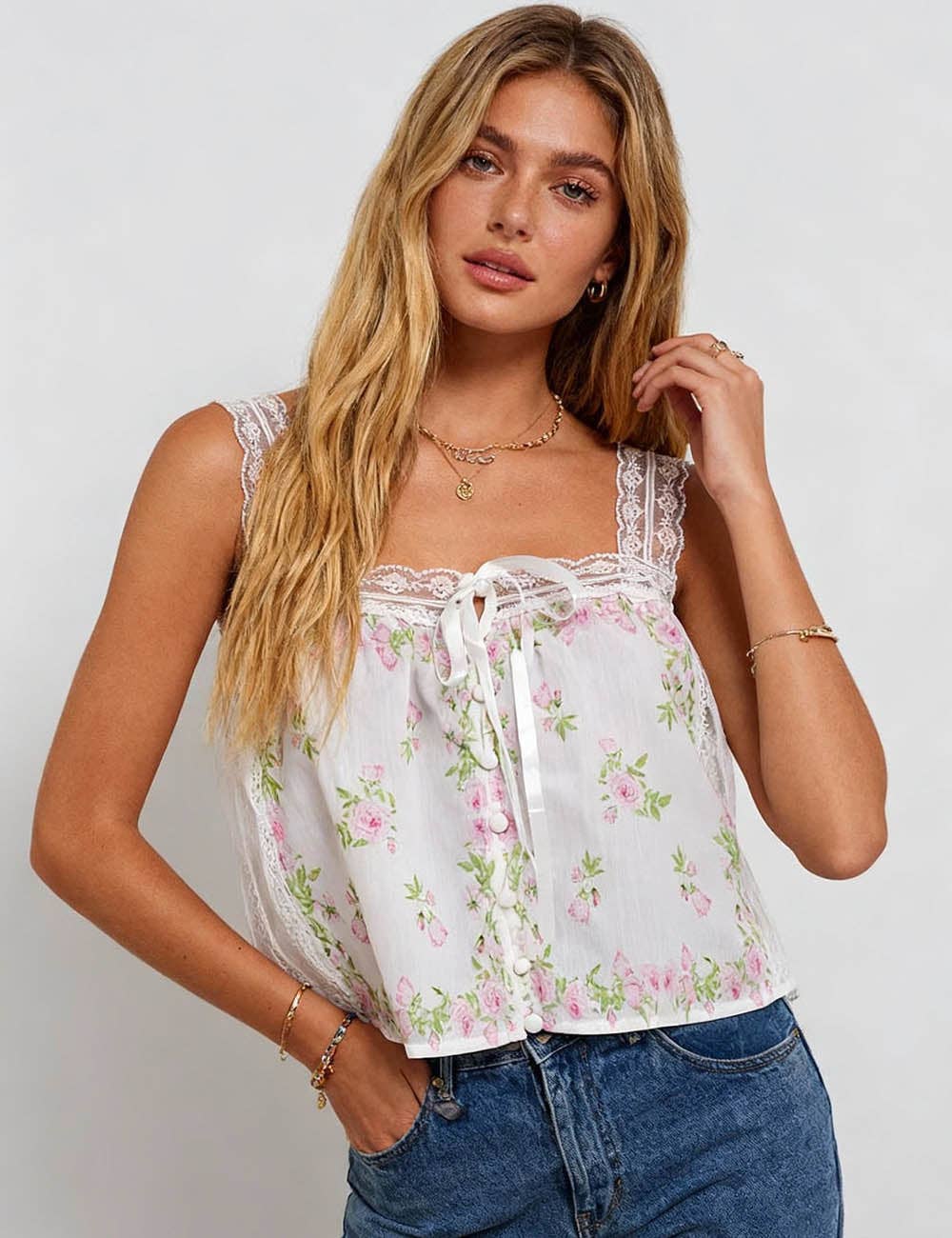 Sweetkama - Ladies Boho Floral Print Sheer Lace Panel Sleeveless Top