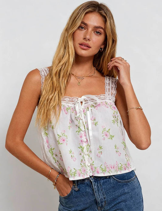 Sweetkama - Ladies Boho Floral Print Sheer Lace Panel Sleeveless Top