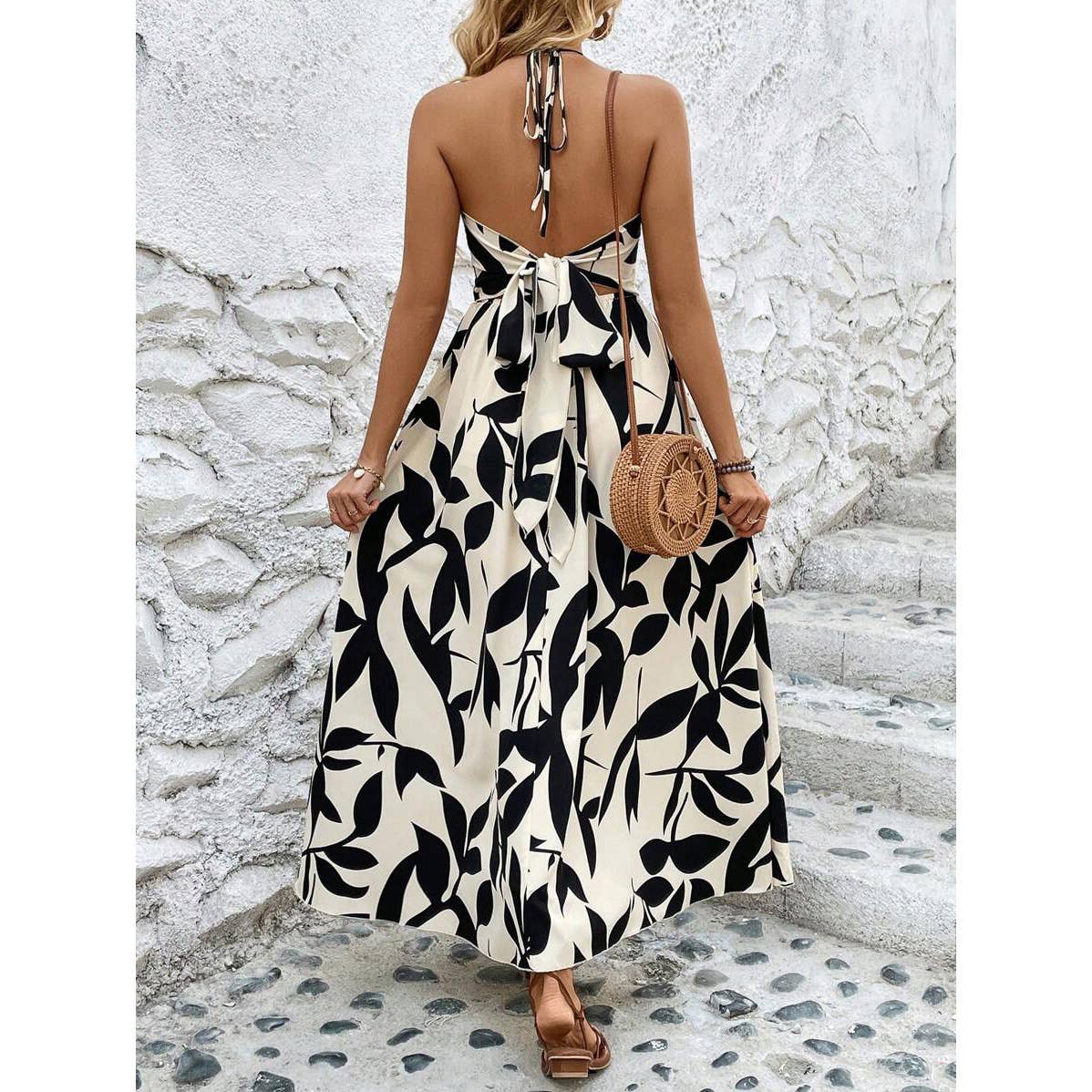 Whisper Mint - Leaf Print Backless Summer Dress