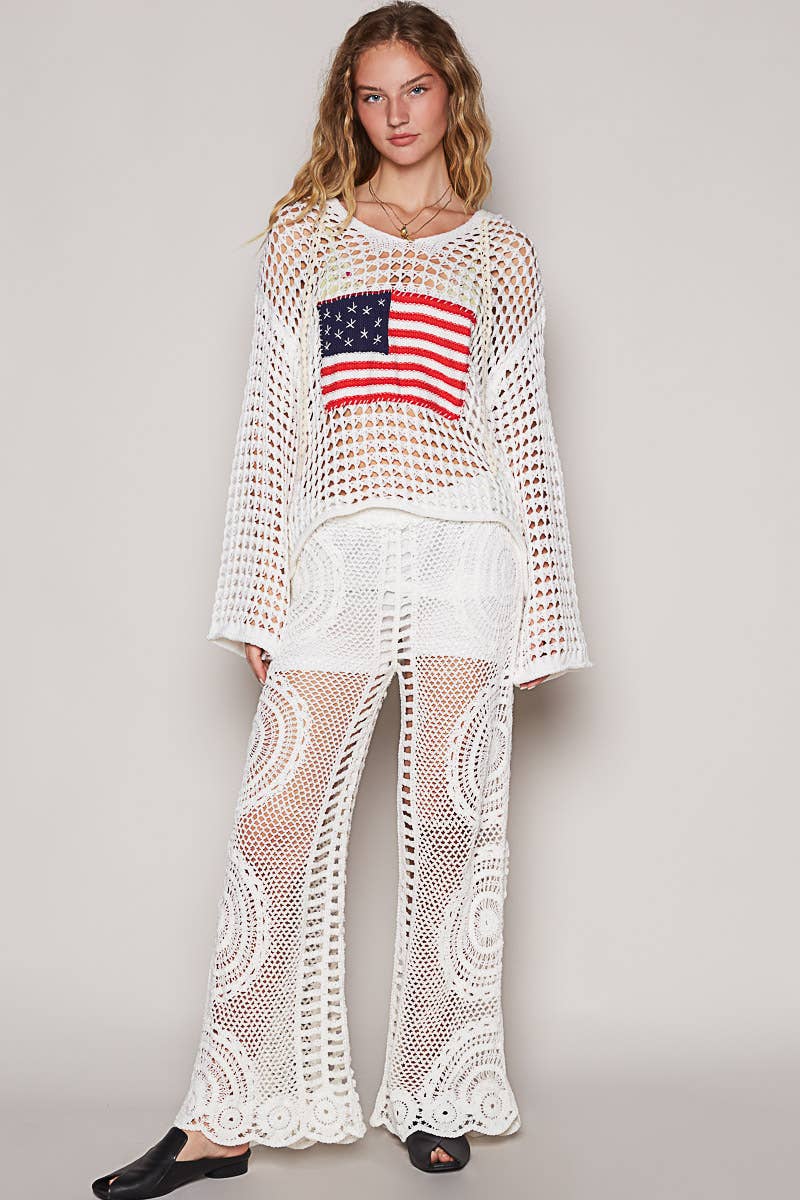 Long sleeve American flag hoodie thin sweater top SALE: Beige