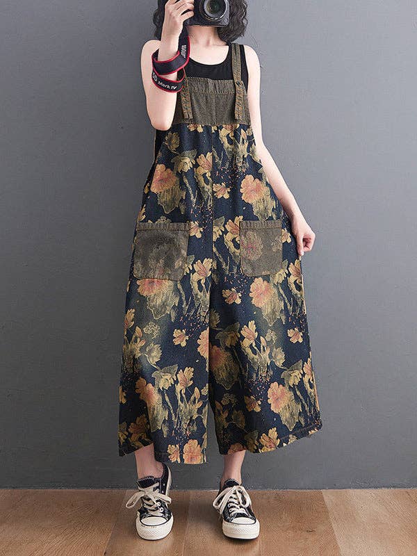Oversize Wide Leg Floral Printed Split-Joint Overalls: DEEP BLUE / XL