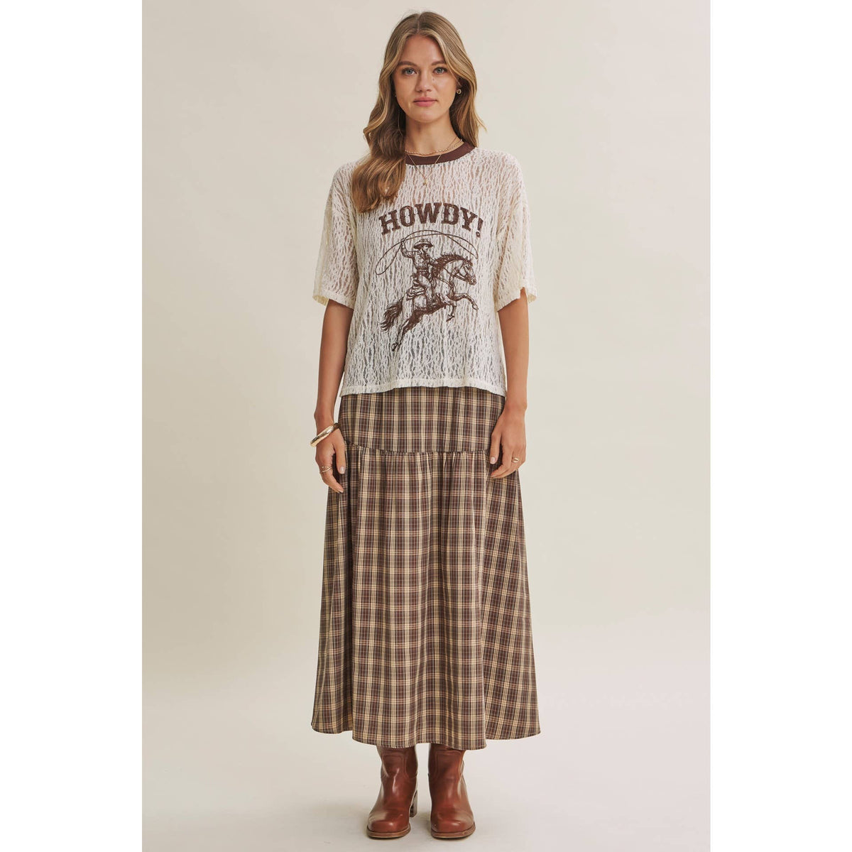 in february - WESTERN INSPIRED HOWDY COWBOY GRAPHIC SHEER LACE TOP