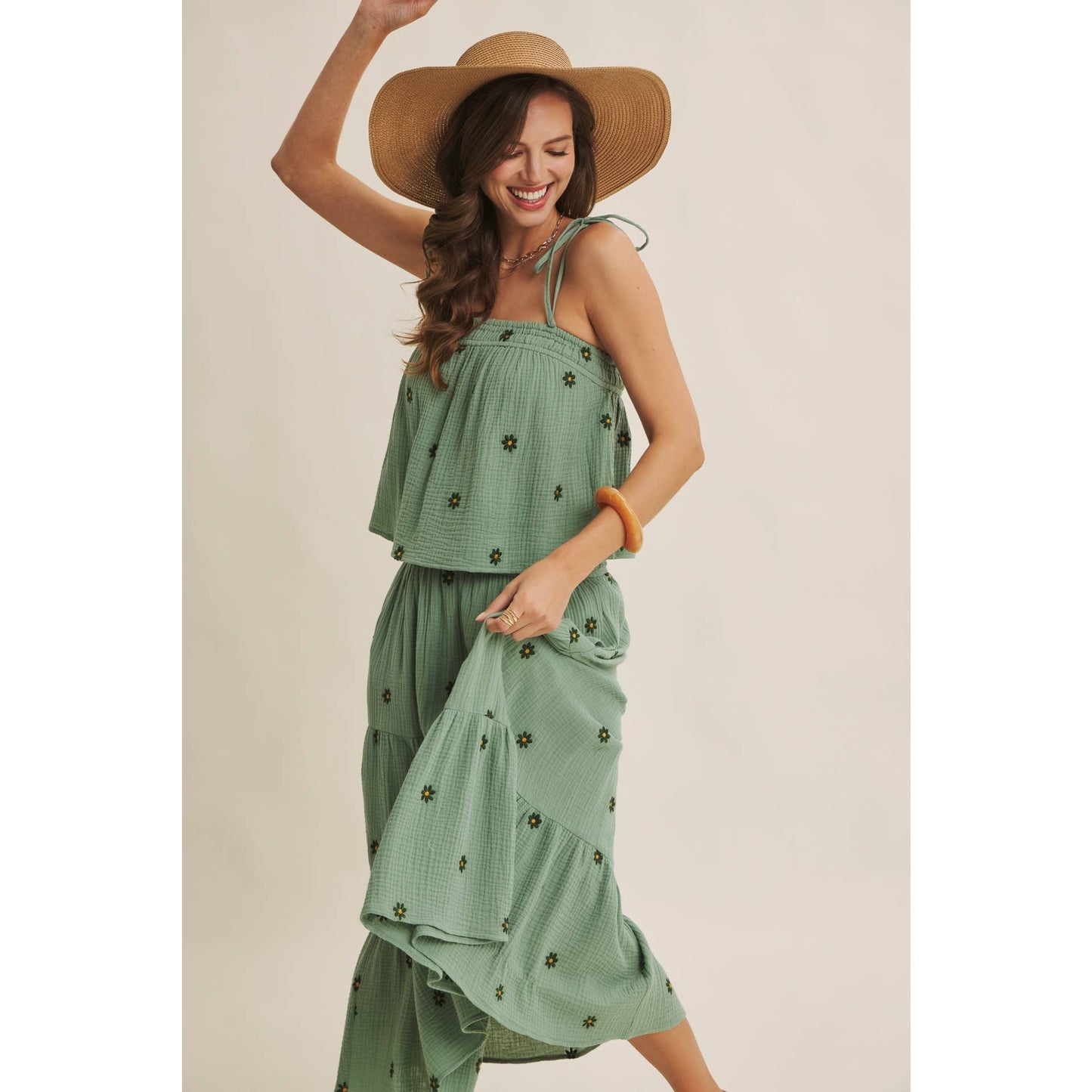 in february - SUNSET FIELD EMBROIDERED COTTON GAUZE SMOCKED MIDI SKIRTS