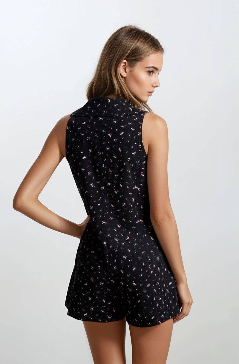 Chambray Floral Button-Front Sleeveless Romper