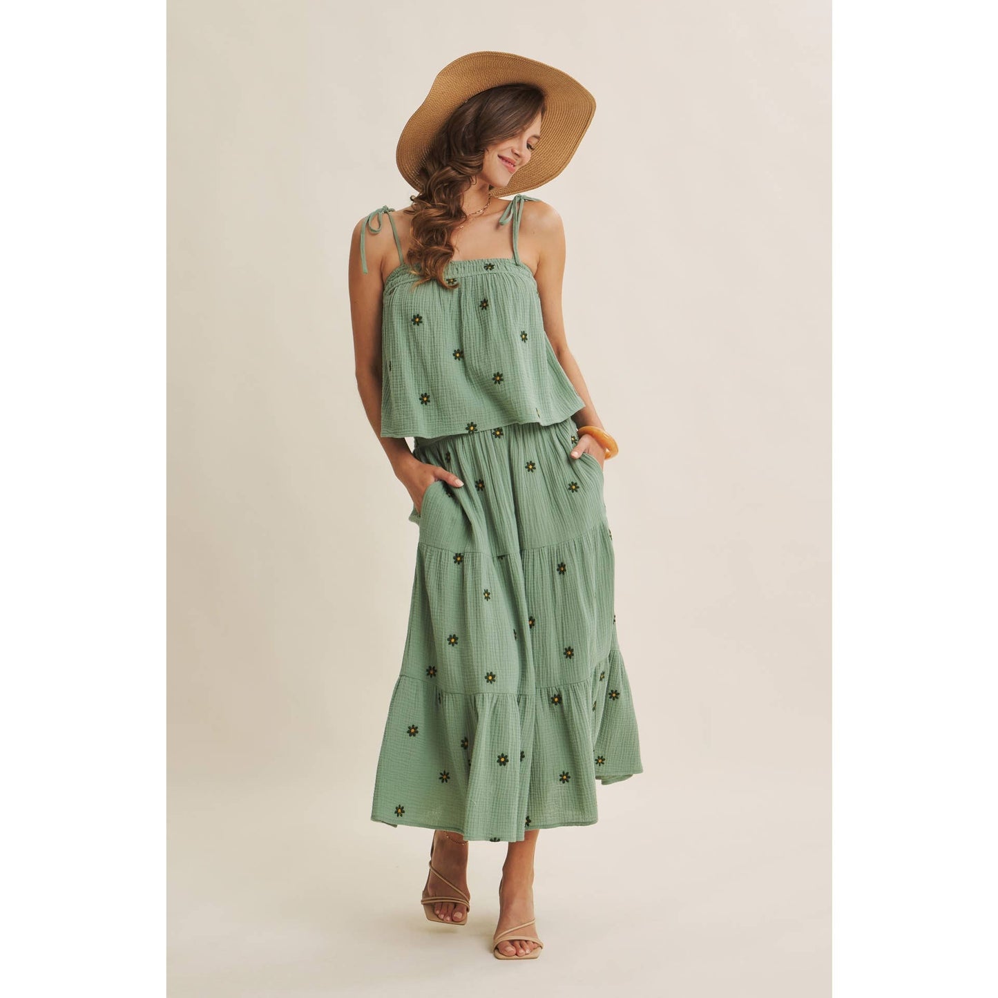 in february - SUNSET FIELD EMBROIDERED COTTON GAUZE SMOCKED MIDI SKIRTS