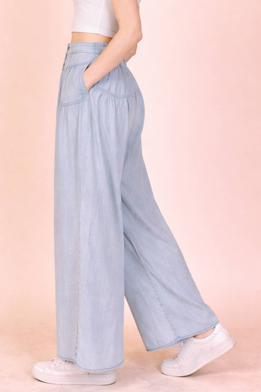 VERY J - NP70935X-PLUS SIZE Mineral Washed Chambray Wide Pants