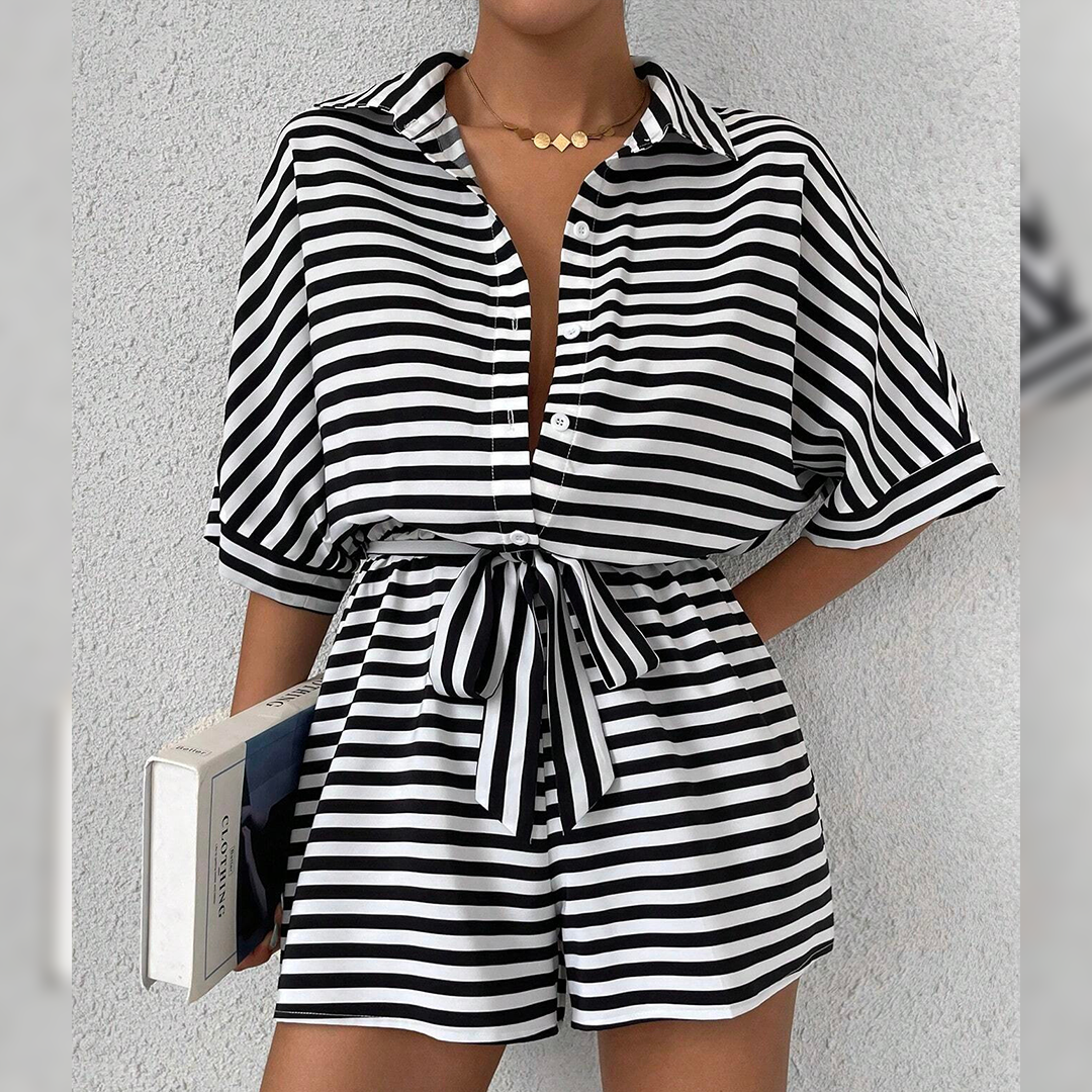 Summer Striped Lapel Button-Up Belted Shorts Romper AXR129: Red / L