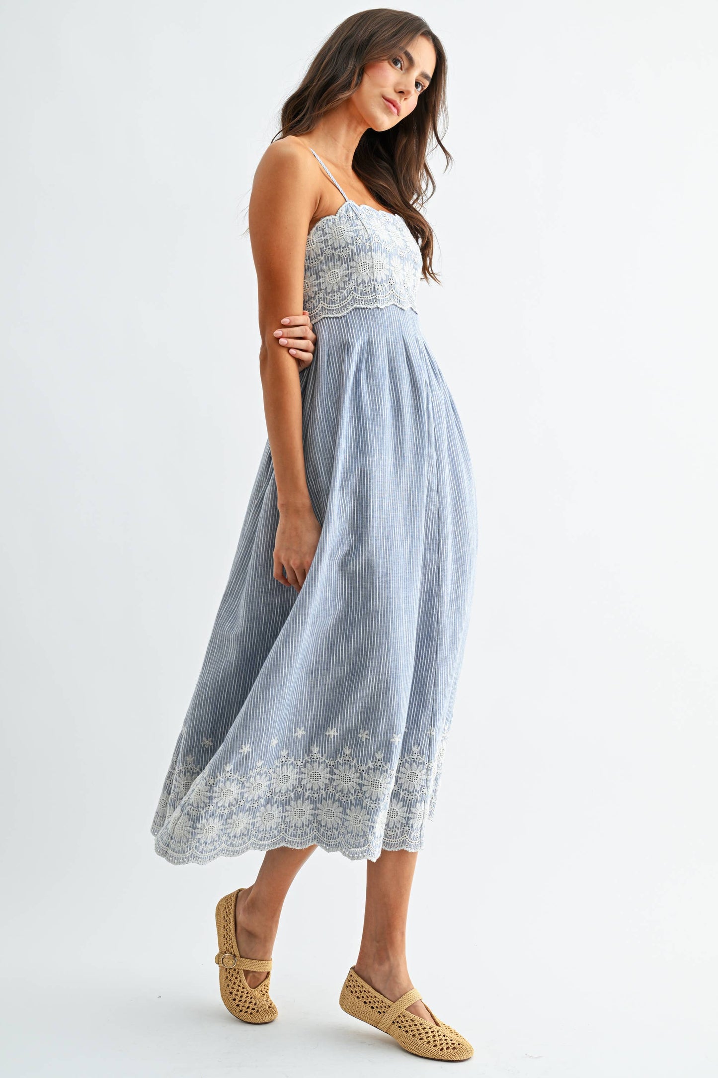 Camellia - CD10107J Pinstripe Midi Dress with Embroidered Lace