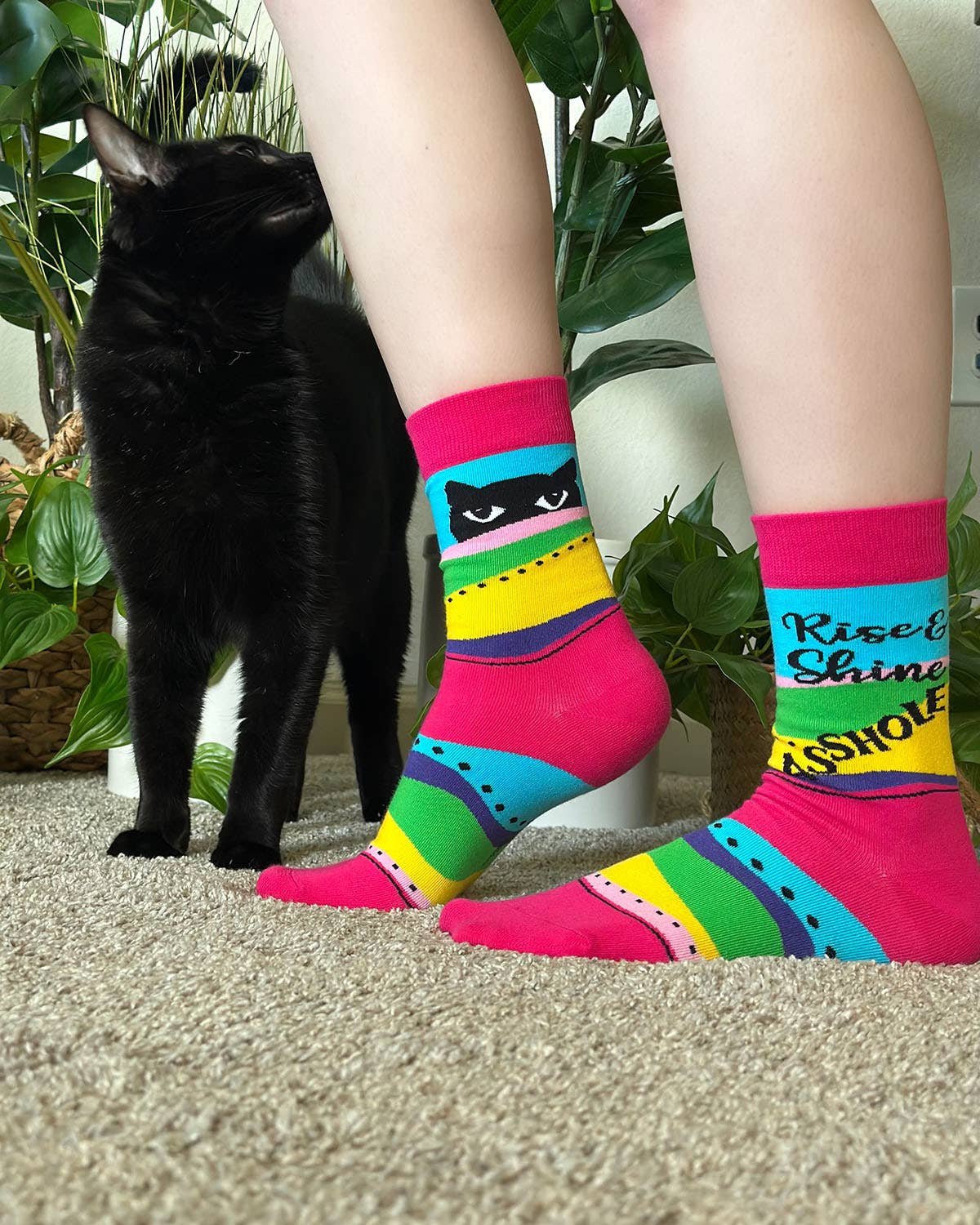 Fabdaz - Rise and Shine Asshole Women's Crew Socks With Cats