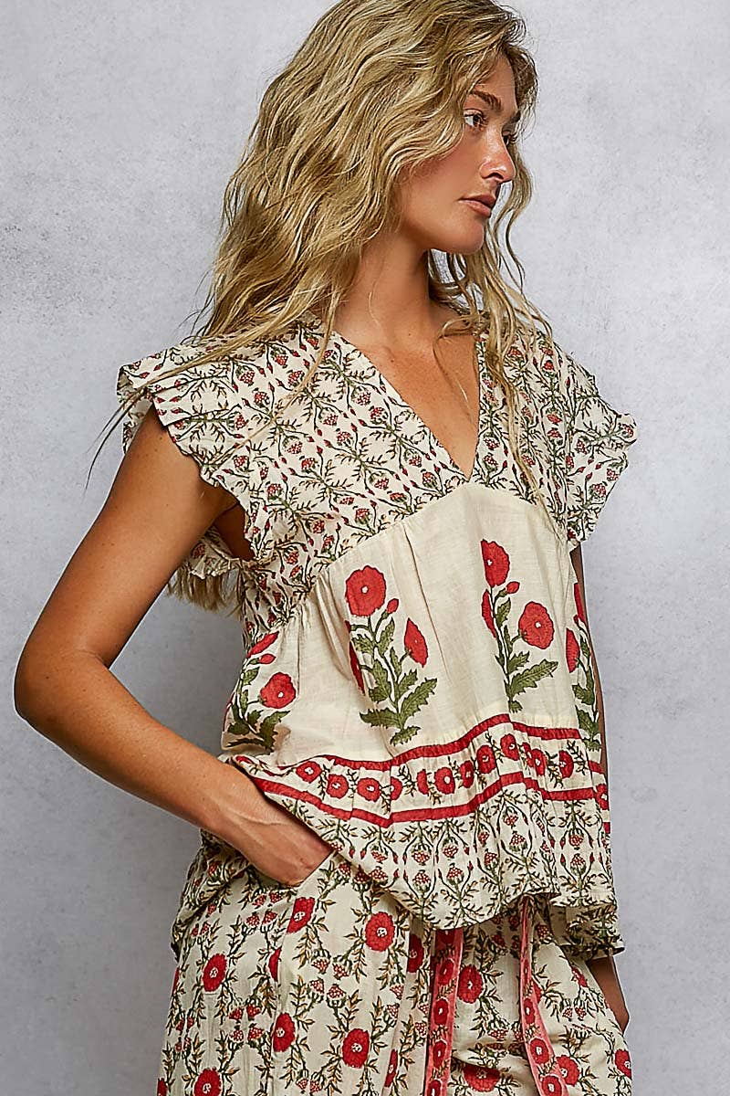 Pol Clothing - V-Neck Floral Pattern Ruffle Sleeve Top and bottoms