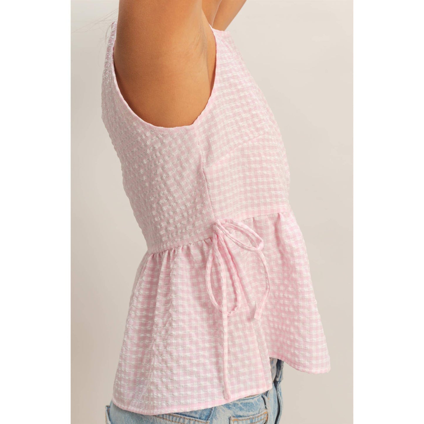 HYFVE - Gingham Sleeveless Peplum Top With Side Ties