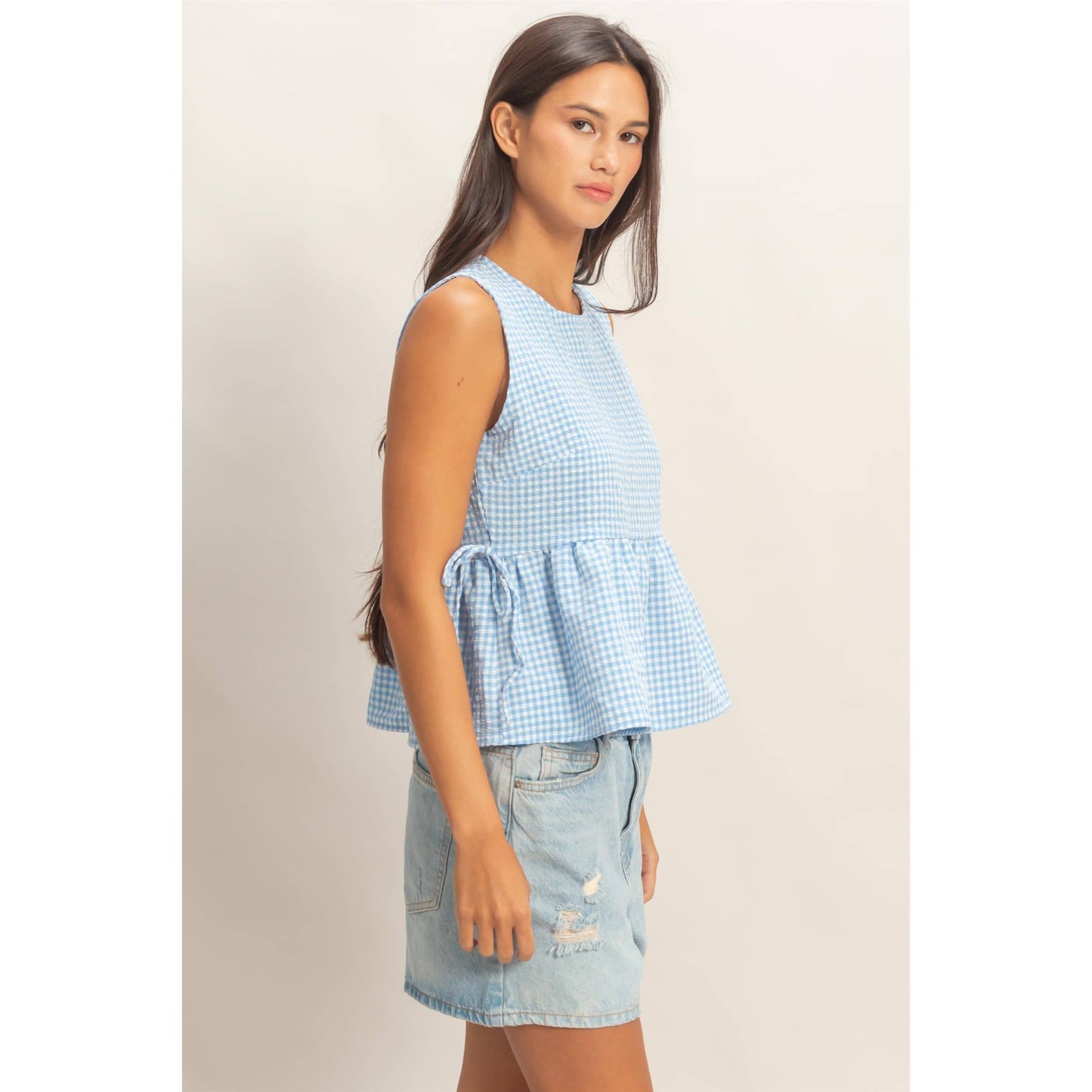 HYFVE - Gingham Sleeveless Peplum Top With Side Ties