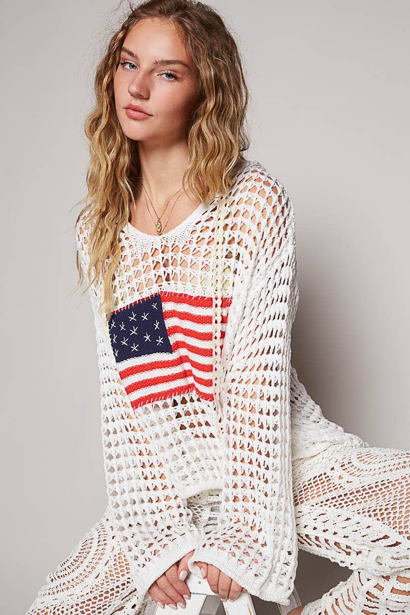 Long sleeve American flag hoodie thin sweater top SALE: SKY BLUE