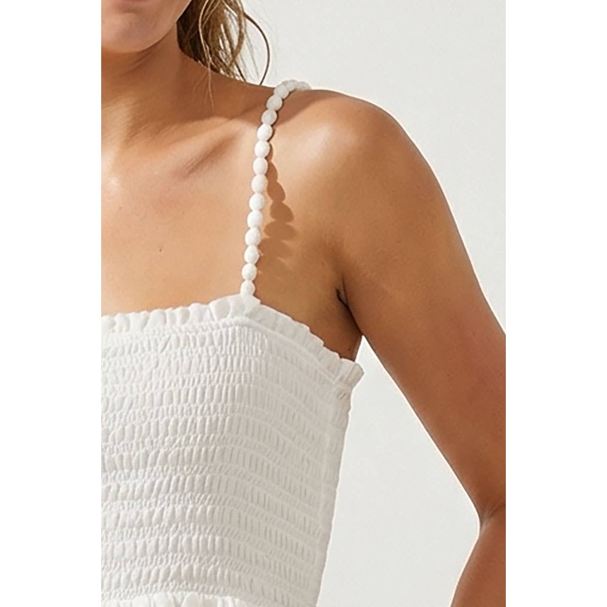 White Pom Pom Smocking Romper