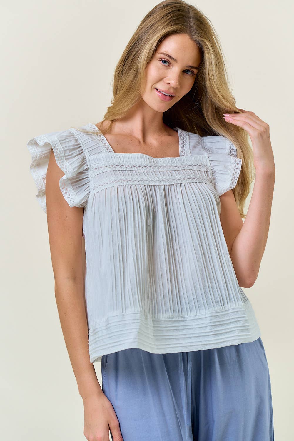 SQUARE NECK RUFFLE CAP SLEEVE LACE TRIM DETAIL TOP