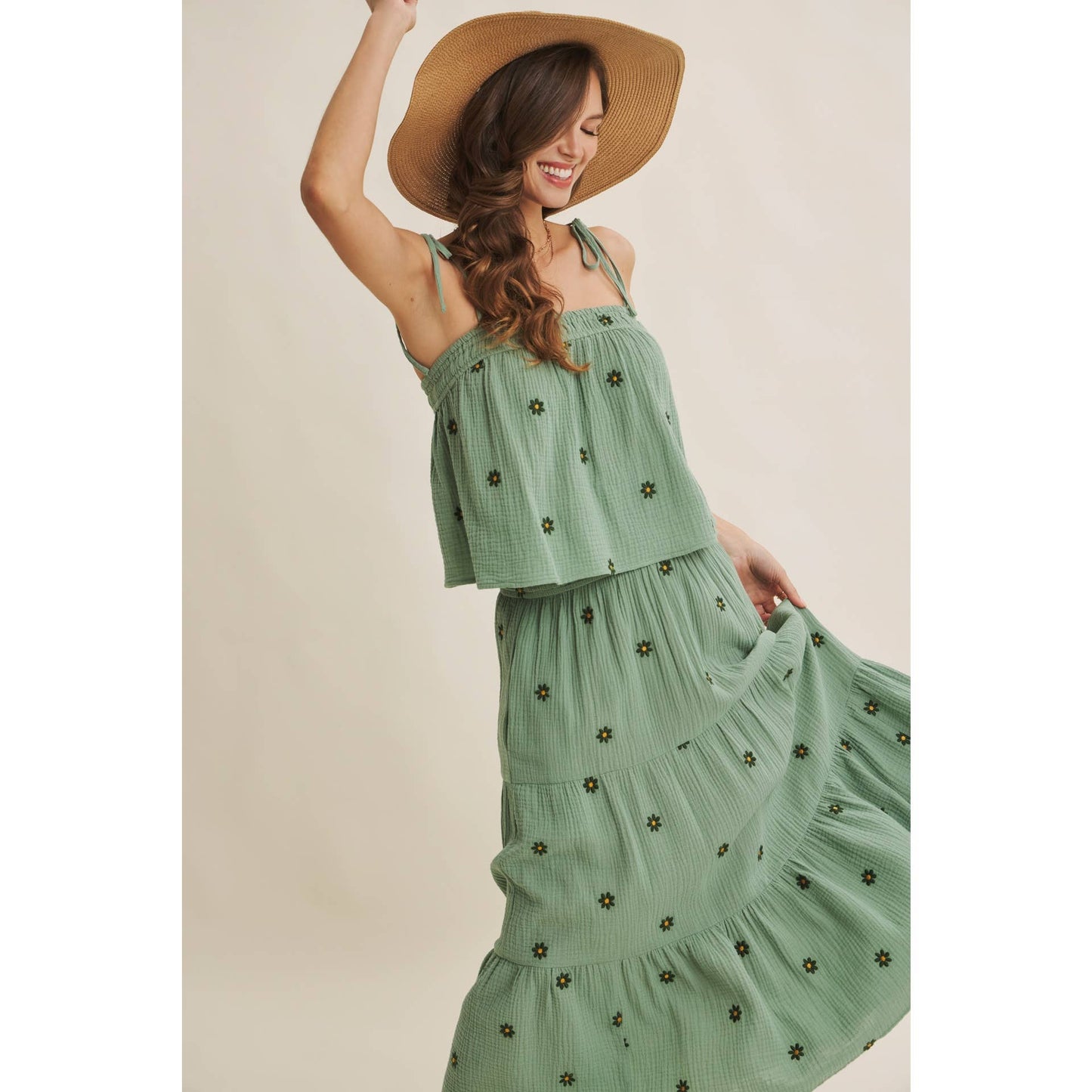 in february - SUNSET FIELD EMBROIDERED COTTON GAUZE SMOCKED MIDI SKIRTS
