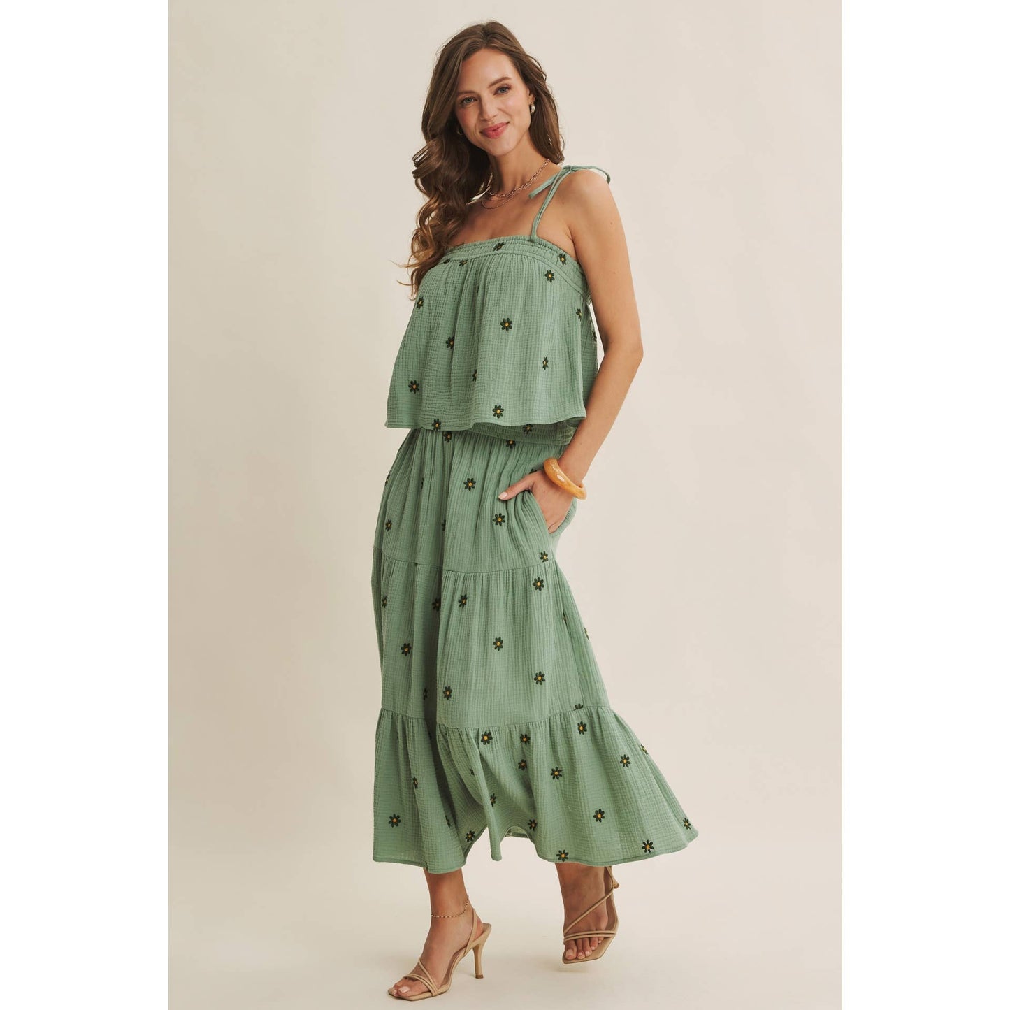 in february - SUNSET FIELD EMBROIDERED COTTON GAUZE TANK WITH TIE STRAPS