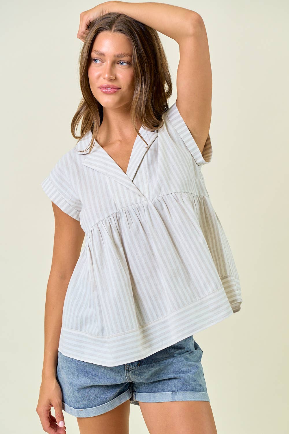 Striped Notch Collar Neck Rolled-up Cap Sleeve Top