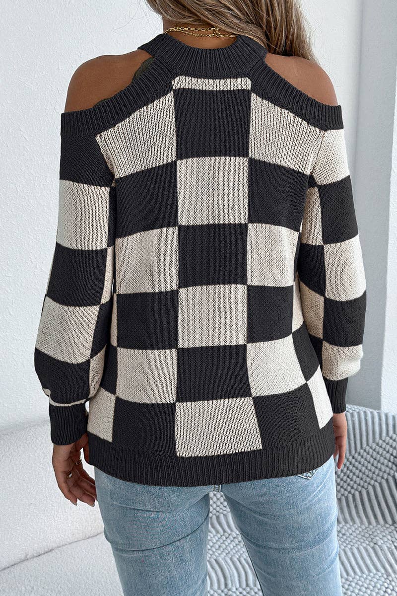 Mccolin - Chic Cutout Checkerboard Sweater