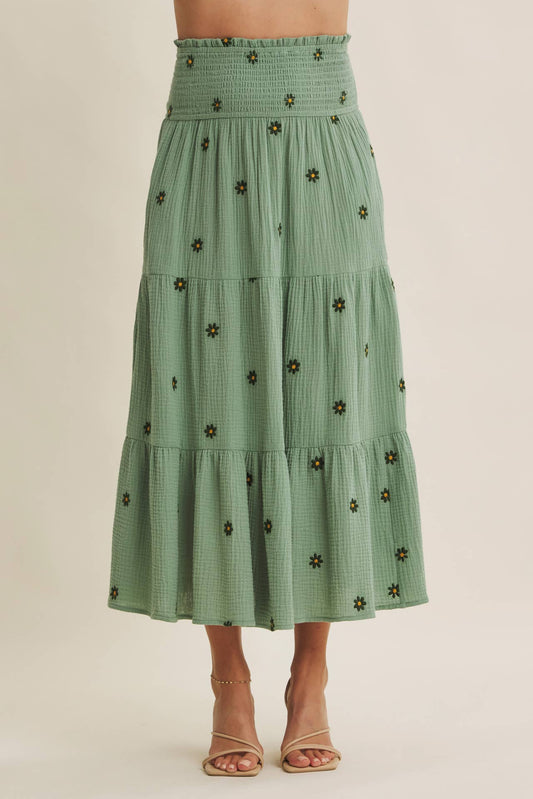 in february - SUNSET FIELD EMBROIDERED COTTON GAUZE SMOCKED MIDI SKIRTS
